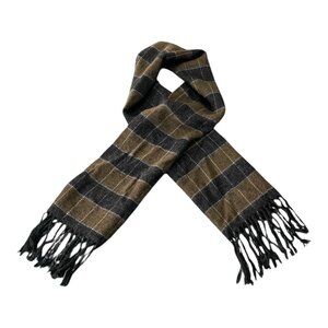 Vintage Made in Italy Plaid Fringe Scarf Gray Brown 100% Acrylic 50x12